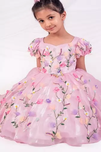 Pink embroidered satin dress