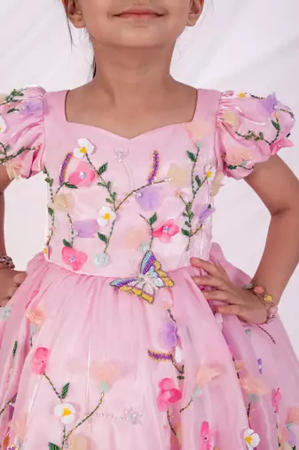 Pink embroidered satin dress