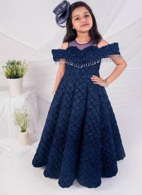 Blue embroidered net girls gown 1