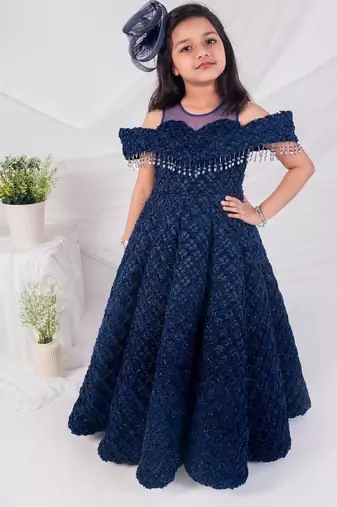 Blue embroidered net girls gown
