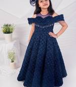 Blue embroidered net girls gown