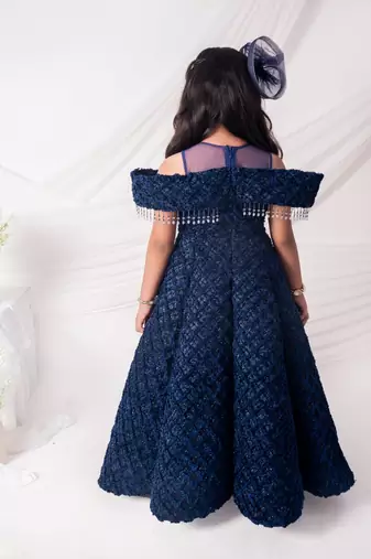Blue embroidered net girls gown
