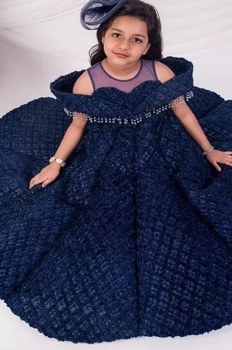 Blue embroidered net girls gown