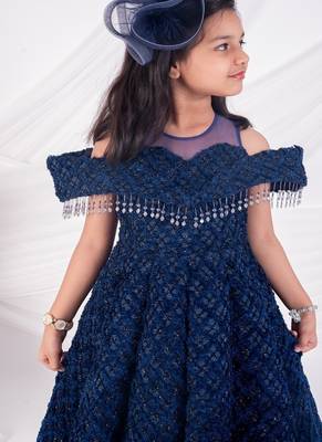 Blue embroidered net girls gown 4