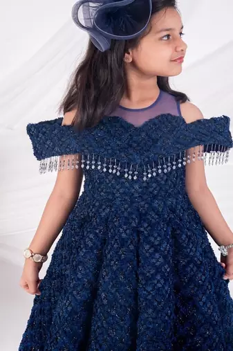 Blue embroidered net girls gown