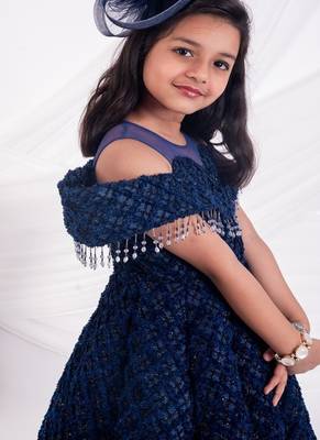Blue embroidered net girls gown 5