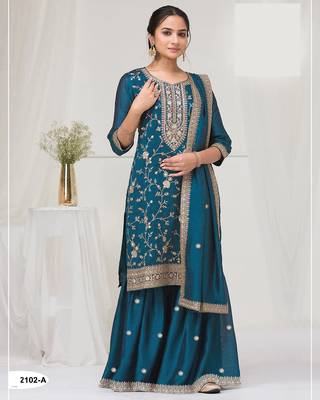 Teal silk Embroidered Salwar suit-Full Stitched Free size 1