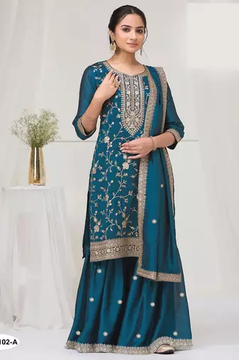 Teal silk semi stitched wedding suits