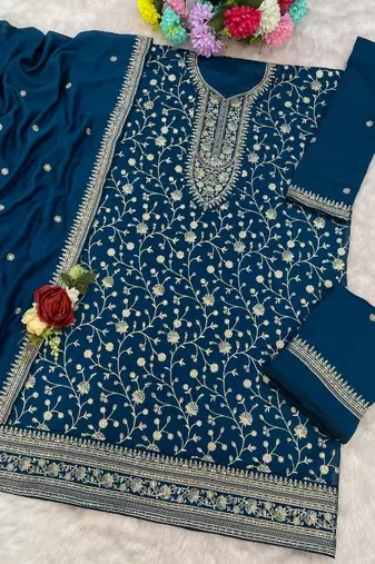 Teal silk Embroidered Salwar suit-Full Stitched Free size
