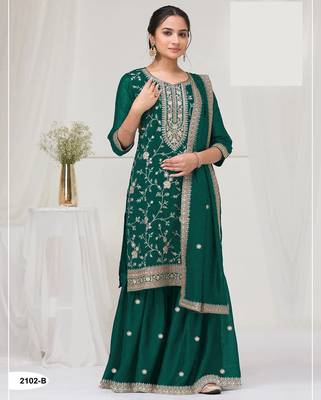 Peacock green silk Embroidered Salwar suit-Full Stitched Free size 1