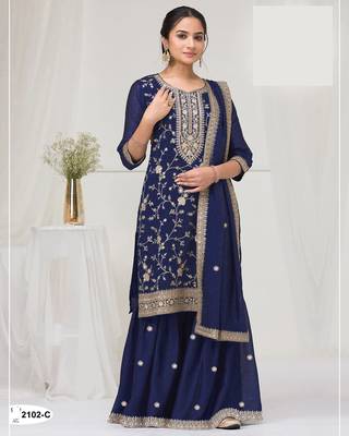 Navy blue silk Embroidered Salwar suit-Full Stitched Free size 1