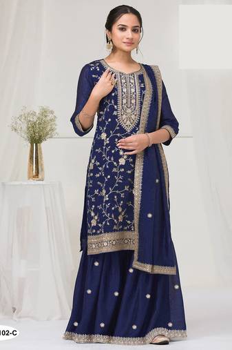 Navy blue silk semi stitched wedding suits