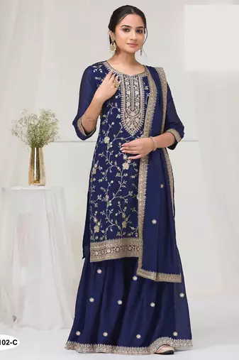 Navy blue silk semi stitched wedding suits