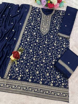 Navy blue silk Embroidered Salwar suit-Full Stitched Free size 2