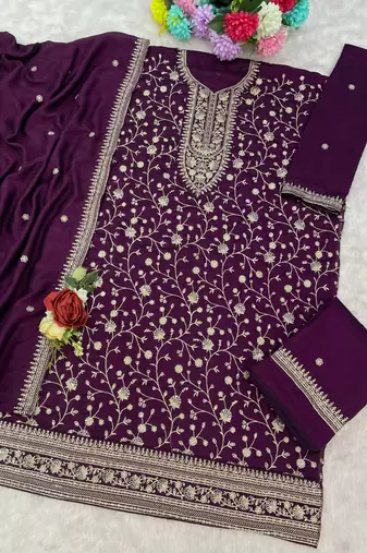 Wine silk Embroidered Salwar suit-Full Stitched Free size