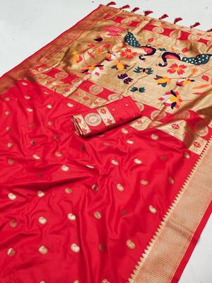 Red Color Maharastrian Paithani Silk Saree 1