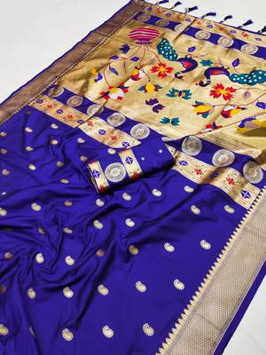 Royal Blue Color Maharastrian Paithani Silk Saree 1