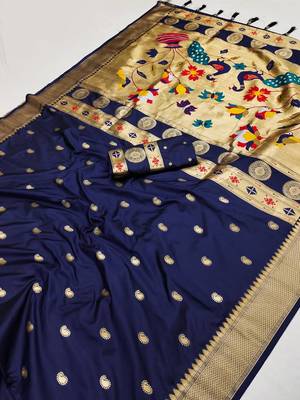 Navy Blue Color Maharastrian Paithani Silk Saree 1