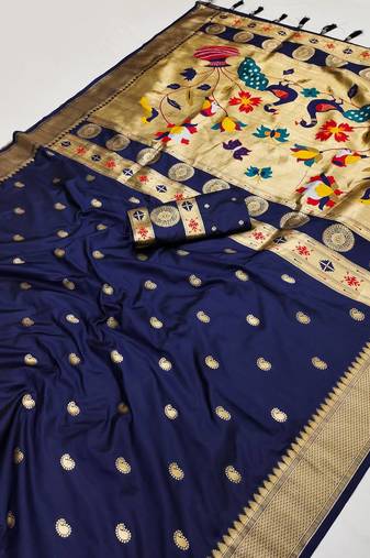 Navy Blue Color Maharastrian Paithani Silk Saree