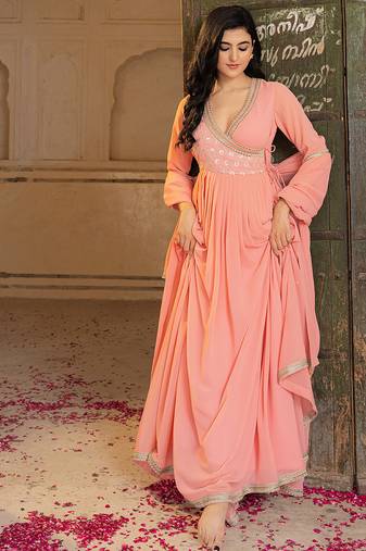 Elegant peach georgette embroidered gown with dupatta and blouse