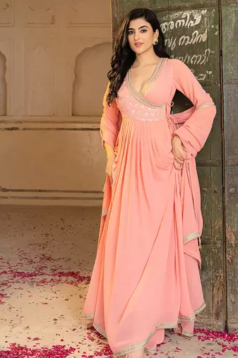 Elegant peach georgette embroidered gown with dupatta and blouse