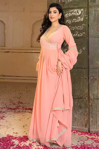 Elegant peach georgette embroidered gown with dupatta and blouse