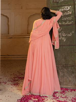 Elegant peach georgette embroidered gown with dupatta and blouse 4