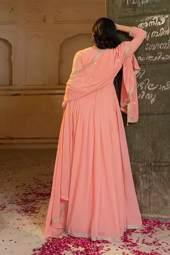 Elegant peach georgette embroidered gown with dupatta and blouse