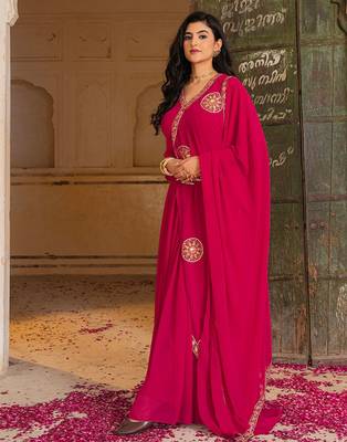 rani pink georgette gown with dupatta and embroidery work 1