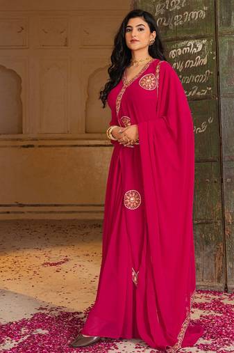 Elegant rani pink georgette gown with dupatta and embroidery work