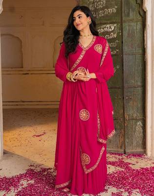 rani pink georgette gown with dupatta and embroidery work 2