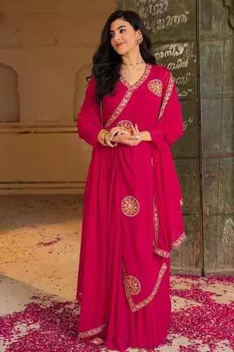 rani pink georgette gown with dupatta and embroidery work