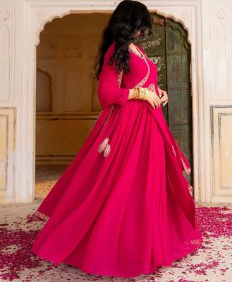 rani pink georgette gown with dupatta and embroidery work 3