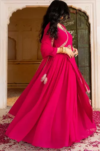 rani pink georgette gown with dupatta and embroidery work