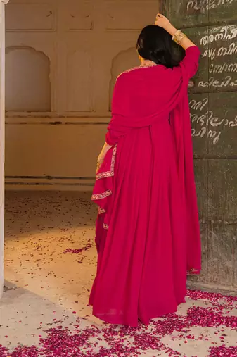 rani pink georgette gown with dupatta and embroidery work