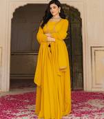 Radiant mustard yellow georgette embroidered gown with dupatta for festive elegance