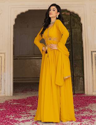 mustard yellow georgette embroidered gown with dupatta for festive elegance 2