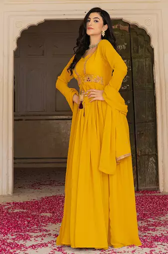 mustard yellow georgette embroidered gown with dupatta for festive elegance