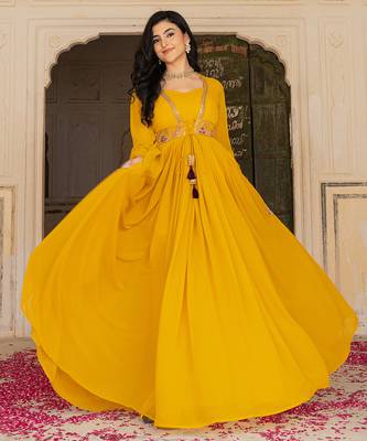 mustard yellow georgette embroidered gown with dupatta for festive elegance 3