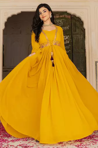 mustard yellow georgette embroidered gown with dupatta for festive elegance