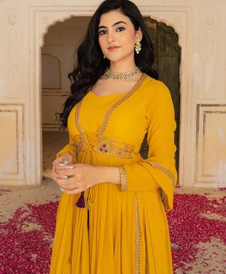 mustard yellow georgette embroidered gown with dupatta for festive elegance 4