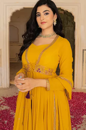 mustard yellow georgette embroidered gown with dupatta for festive elegance
