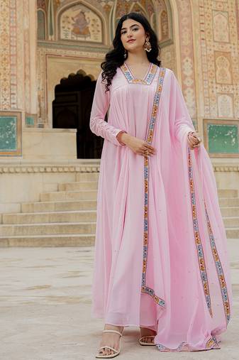 Elegant pink georgette gown with embroidered dupatta for festive occasions