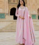 Elegant pink georgette gown with embroidered dupatta for festive occasions