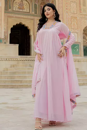 pink georgette gown with dupatta