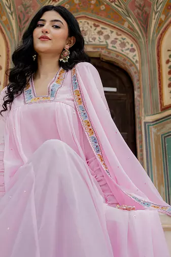 pink georgette gown with dupatta