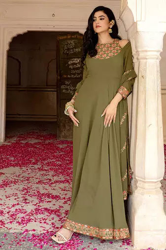 Olive green georgette embroidered gown with dupatta for elegant look