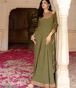 Olive green georgette embroidered gown with dupatta for elegant look