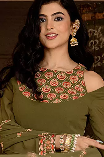 olive green georgette embroidered gown with dupatta