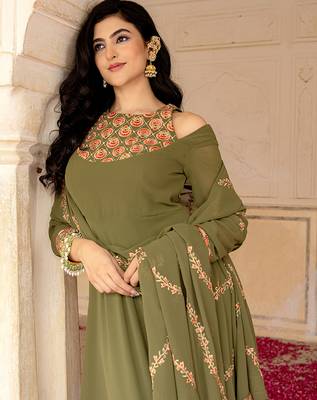 olive green georgette embroidered gown with dupatta 3